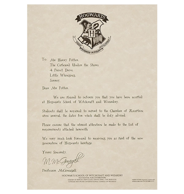 Warner Bros Best Sellers Personalised Hogwarts Acceptance Letter